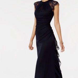 Navy Lace Cap Sleeve Evening Gown, Ruched